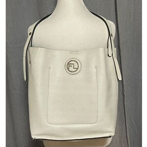 Frank Lyman White Faux Leather Shoulder Bag Tote Purse Silver Logo Accent